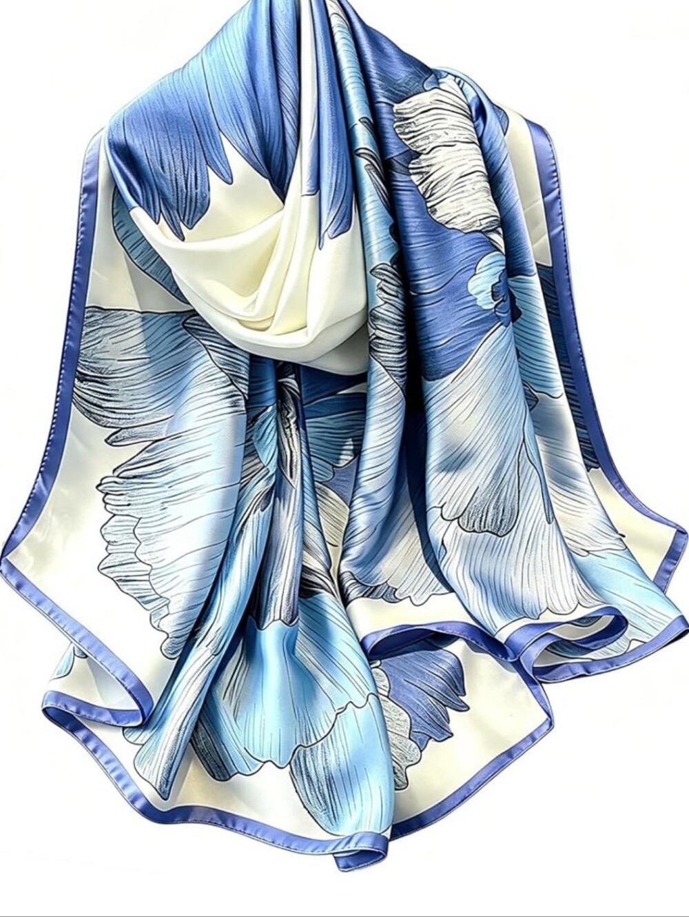 Elegant Blue Floral Satin Scarf for Women